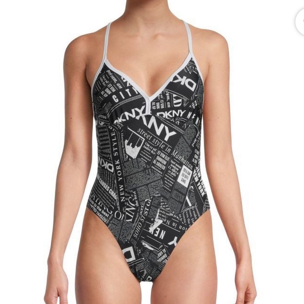 DKNY Logo Print Plunge One Piece Swimsuit Black White NWT XS
